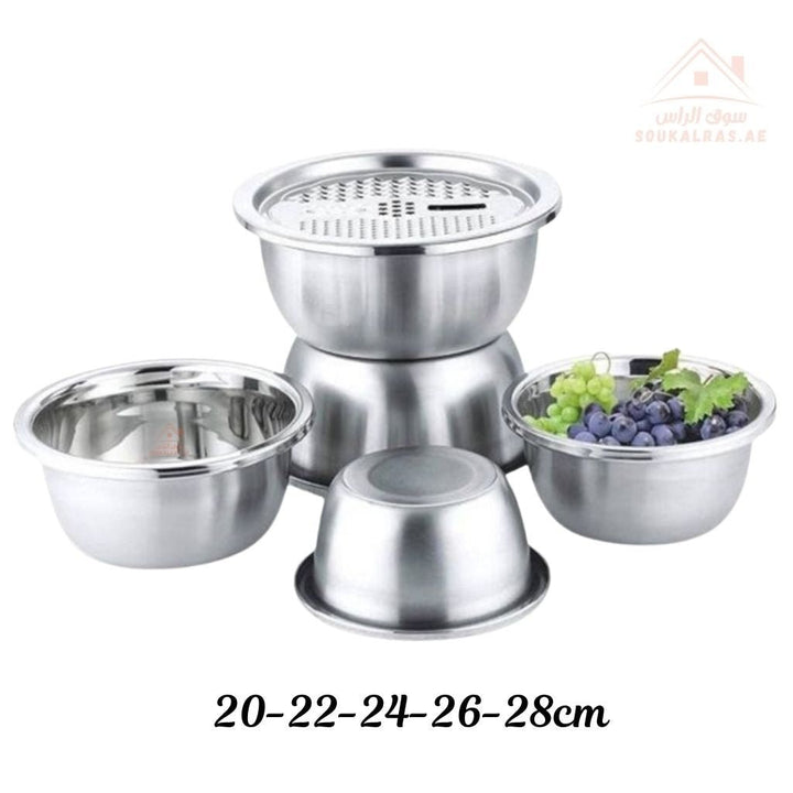 Venice 6 - Piece Stainless Steel Mixing Bowl Set with Grater | 20–22 - 24 - 26 - 28CM Sizes | Durable Kitchen Prep Bowls - Souk Al Ras