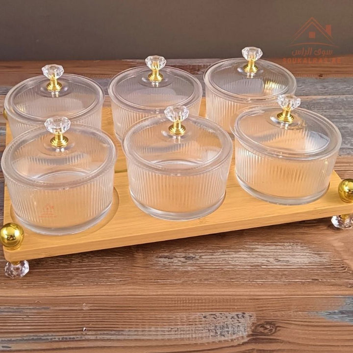 Venice 6 - Section Glass Serving Set with Wooden Base & Crystal Lids | Elegant Design | Ideal for Sweets, Nuts & Dates - Souk Al Ras