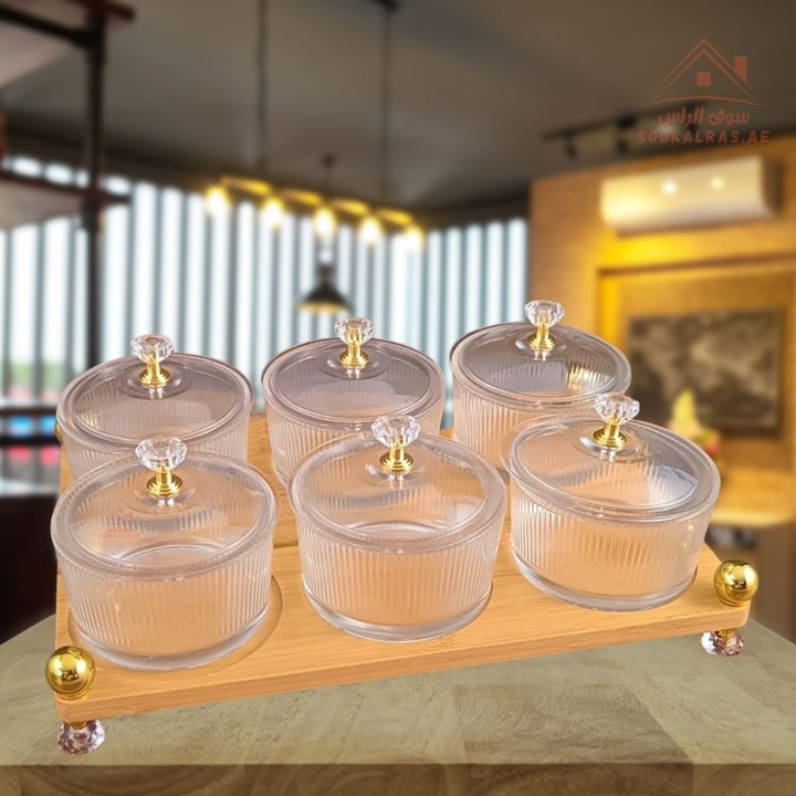 Venice 6 - Section Glass Serving Set with Wooden Base & Crystal Lids | Elegant Design | Ideal for Sweets, Nuts & Dates - Souk Al Ras