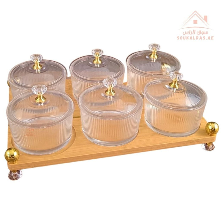 Venice 6 - Section Glass Serving Set with Wooden Base & Crystal Lids | Elegant Design | Ideal for Sweets, Nuts & Dates - Souk Al Ras