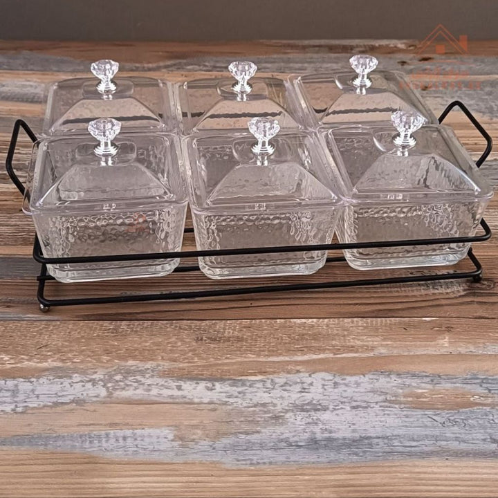 Venice 6 - Section Luxury Glass Serving Dish with Crystal Lids | Elegant Design | Ideal for Nuts, Sweets & Desserts - Souk Al Ras