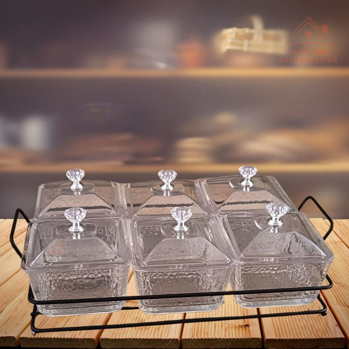 Venice 6 - Section Luxury Glass Serving Dish with Crystal Lids | Elegant Design | Ideal for Nuts, Sweets & Desserts - Souk Al Ras