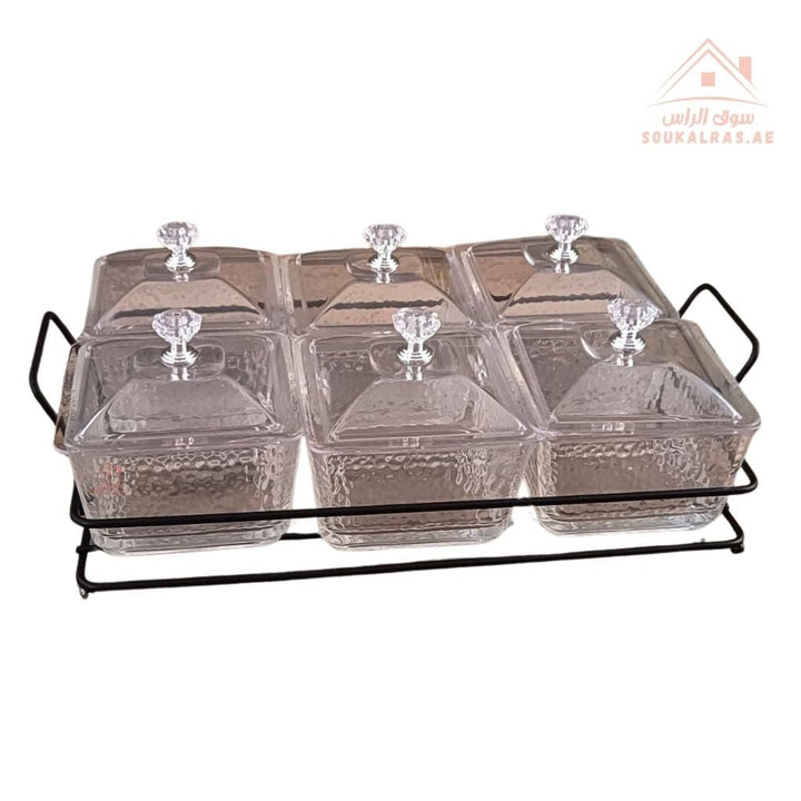 Venice 6 - Section Luxury Glass Serving Dish with Crystal Lids | Elegant Design | Ideal for Nuts, Sweets & Desserts - Souk Al Ras