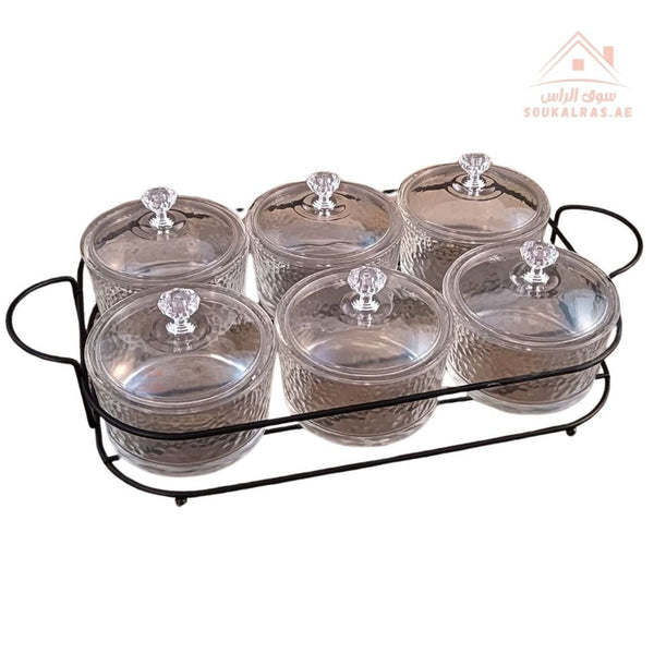 Venice 6 - Section Round Glass Serving Dish with Crystal Lids | Elegant Design | Perfect for Nuts, Dates & Sweets - Souk Al Ras