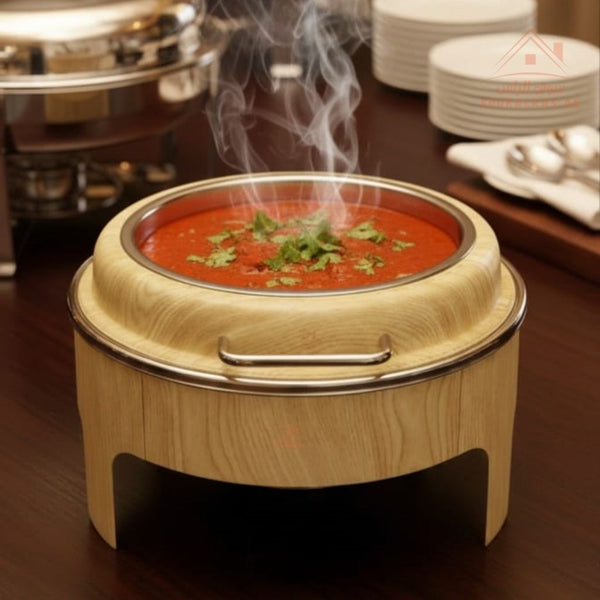 Venice 6L Round Chafing Dish | Premium Stainless Steel Food Warmer with Wooden Finish | Ideal for Buffet & Catering | Easy to clean and maintain - Souk Al Ras