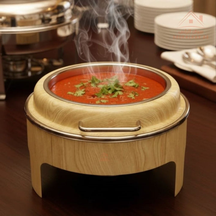 Venice 6L Round Chafing Dish | Premium Stainless Steel Food Warmer with Wooden Finish | Ideal for Buffet & Catering | Easy to clean and maintain - Souk Al Ras