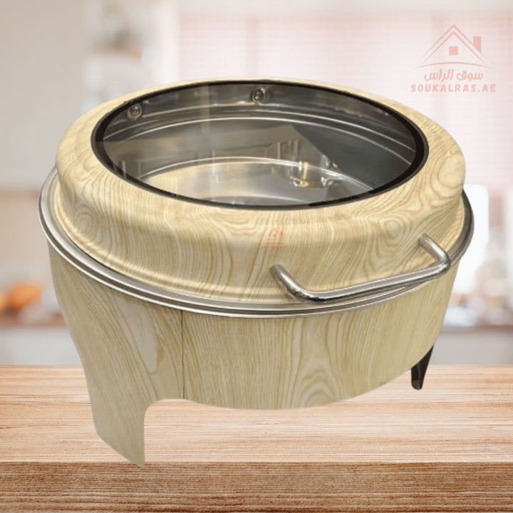 Venice 6L Round Chafing Dish | Premium Stainless Steel Food Warmer with Wooden Finish | Ideal for Buffet & Catering | Easy to clean and maintain - Souk Al Ras