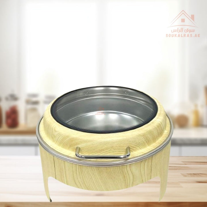Venice 6L Round Chafing Dish | Premium Stainless Steel Food Warmer with Wooden Finish | Ideal for Buffet & Catering | Easy to clean and maintain - Souk Al Ras