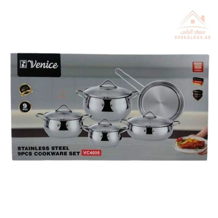Venice 9 - Piece Stainless Steel 18/10 Premium Quality Cookware Set | Durable & Elegant Design - Souk Al RasPots & Pans