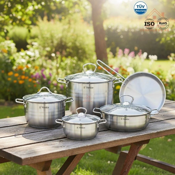 Venice 9 - Piece Stainless Steel 18/10| Premium Quality Cookware Set | TÜV, ISO & RoHS Certified | 1 Year Warranty - Souk Al RasPots & Pans