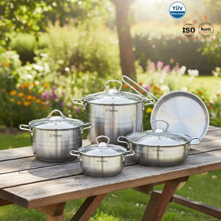 Venice 9 - Piece Stainless Steel 18/10| Premium Quality Cookware Set | TÜV, ISO & RoHS Certified | 1 Year Warranty - Souk Al RasPots & Pans