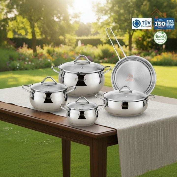 Venice 9 - Piece Stainless Steel 18/10| Premium Quality Cookware Set | TÜV, ISO & RoHS Certified | 1 Year Warranty - Souk Al RasPots & Pans