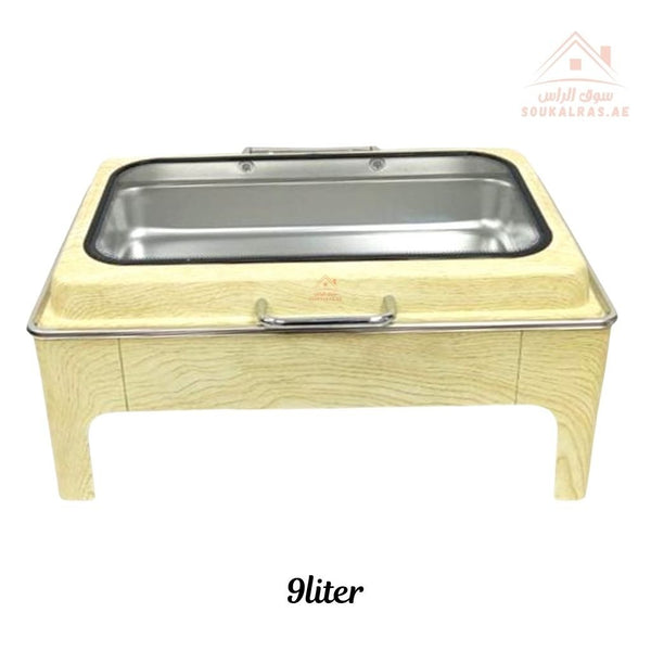 Venice 9L Buffet Serving Dish | Wooden Design with Stainless Steel Pan | Premium 2 - Tier Food Warmer | Ideal for Hotel & Home Use | Sturdy handle for easy lifting and serving - Souk Al Ras