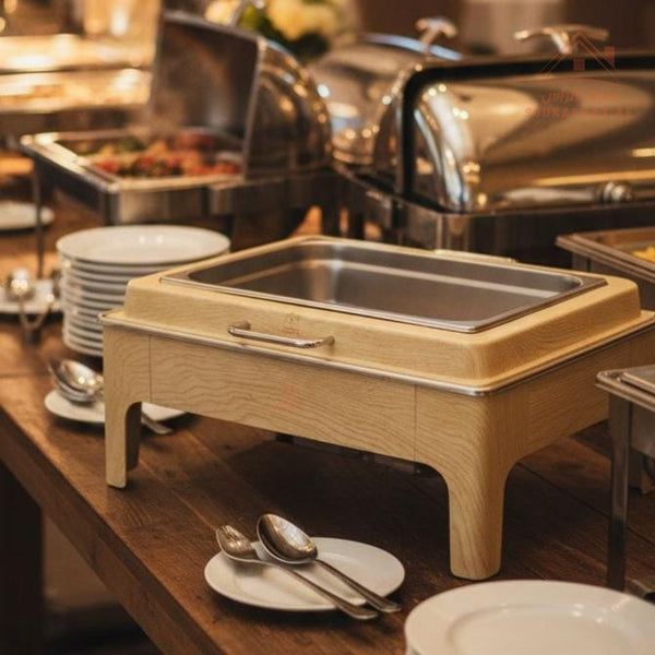 Venice 9L Buffet Serving Dish | Wooden Design with Stainless Steel Pan | Premium 2 - Tier Food Warmer | Ideal for Hotel & Home Use | Sturdy handle for easy lifting and serving - Souk Al Ras