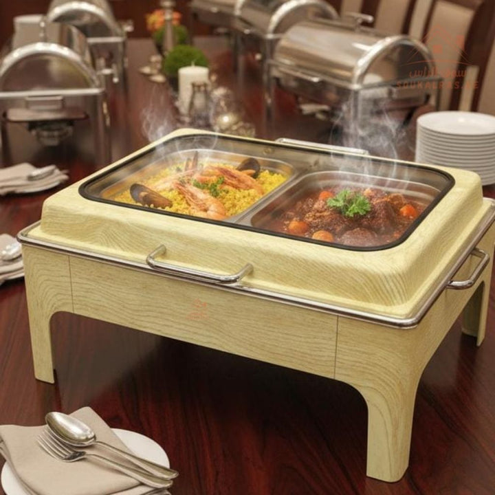 Venice 9L Chafing Dish | Premium Stainless Steel Buffet Food Warmer | Elegant Wood Finish, Perfect for buffets, hotels, restaurants, and family events - Souk Al Ras