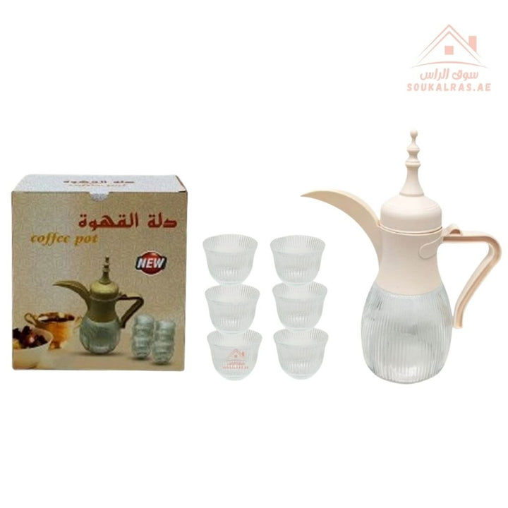 Venice Arabic Coffee Pot with 6 Glass Cups |Elegant design, durable material, and perfect for gatherings. - Souk Al Ras