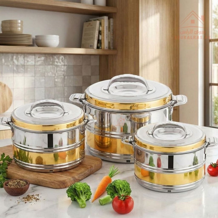 Venice AURUM 3 - Piece Stainless Steel Insulated Hot Pot Set | Available in more Sizes | Premium Heat Retention Food Warmer - Souk Al Ras