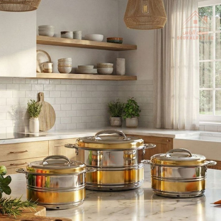 Venice AURUM 3 - Piece Stainless Steel Insulated Hot Pot Set | Available in more Sizes | Premium Heat Retention Food Warmer - Souk Al Ras