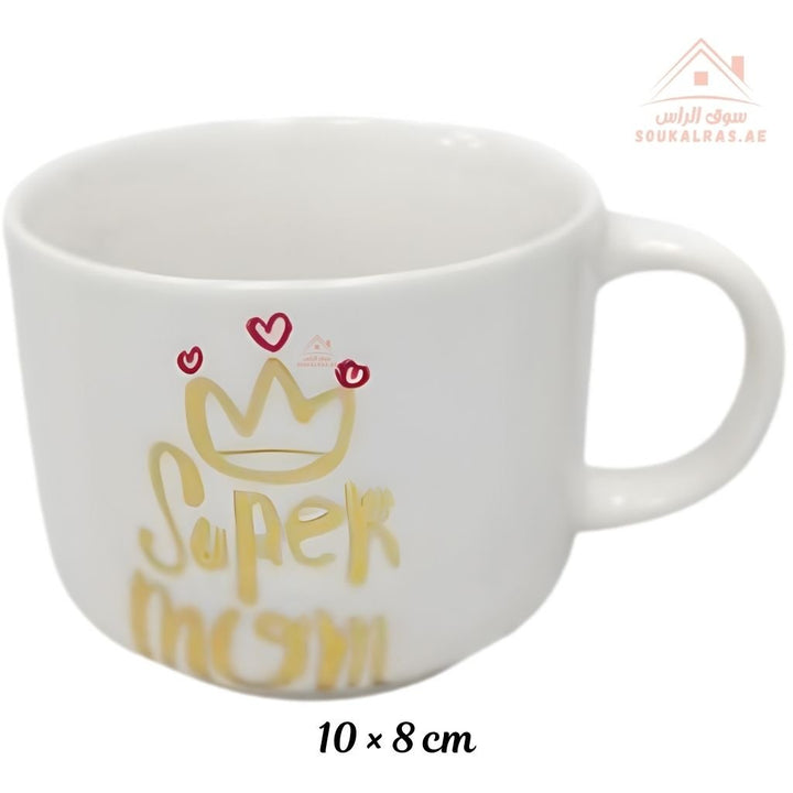 Venice Ceramic Mug | 10 × 8 cm | “Vegan Organic, Super Mom, Love” Design | Elegant Printed Coffee Cup | Perfect Gift for Everyday Use - Souk Al Ras