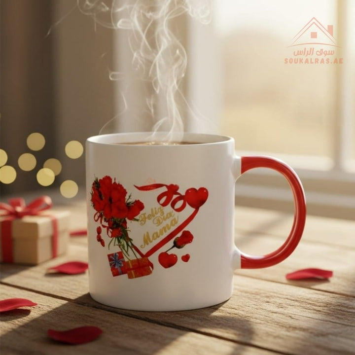 Venice Ceramic Mug | 7.5 × 9.5 cm | Red Floral “Love Mom” Design | Elegant Printed Coffee Mug | Perfect Gift for Mother & Home Use - Souk Al Ras