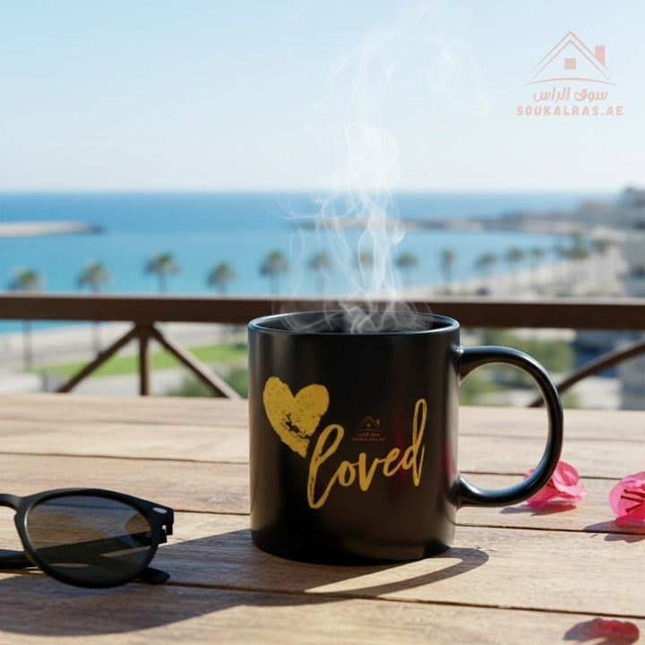 Venice Ceramic Mug – Black with Gold Print | Ideal for home, office, guests, and gifting | Comfortable handle for daily use | mix designs - Souk Al Ras