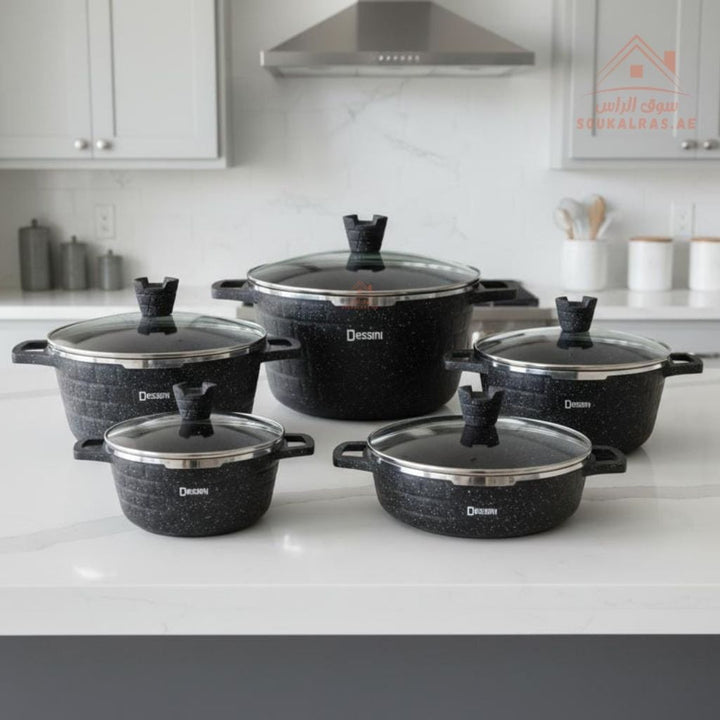 Venice Dessini 10 - Piece Granite Cookware Set |Premium Non - Stick Pots with Glass Lids | Perfect for all types of recipes from soups and stews to frying and sautéing. - Souk Al Ras