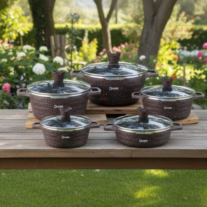 Venice Dessini 10 - Piece Granite Cookware Set |Premium Non - Stick Pots with Glass Lids | Perfect for all types of recipes from soups and stews to frying and sautéing. - Souk Al Ras