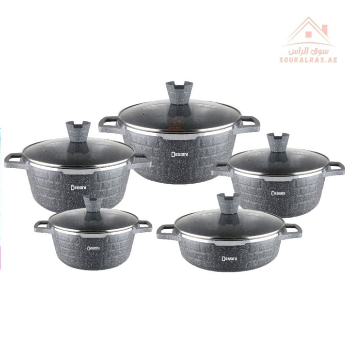Venice Dessini 10 - Piece Granite Cookware Set |Premium Non - Stick Pots with Glass Lids | Perfect for all types of recipes from soups and stews to frying and sautéing. - Souk Al Ras