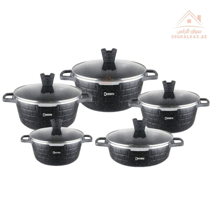 Venice Dessini 10 - Piece Granite Cookware Set |Premium Non - Stick Pots with Glass Lids | Perfect for all types of recipes from soups and stews to frying and sautéing. - Souk Al Ras