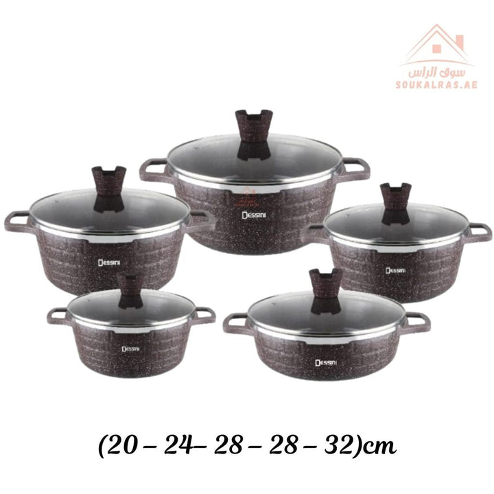Venice Dessini 10 - Piece Granite Cookware Set |Premium Non - Stick Pots with Glass Lids | Perfect for all types of recipes from soups and stews to frying and sautéing. - Souk Al Ras