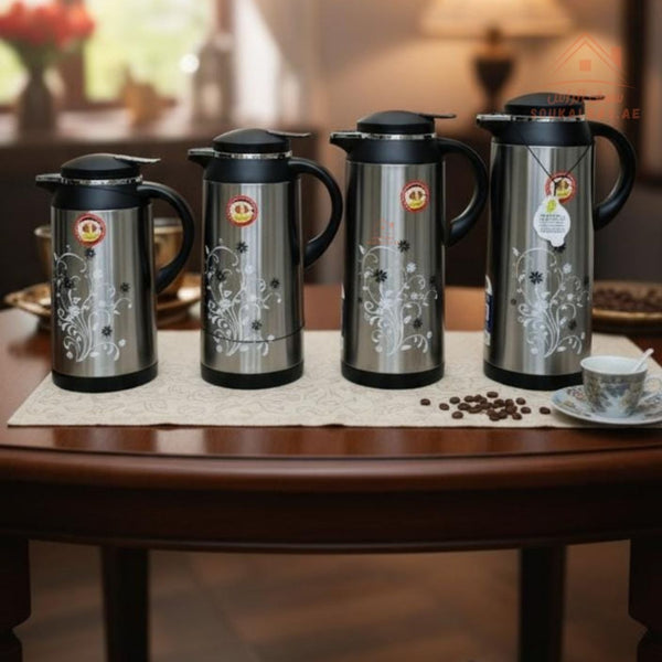Venice Elegant Stainless Steel Vacuum Flasks Set of 4 Dallah | 1 Year Warranty | ISO Certified | Keeps Heat for 12 Hours | Set of 4 Sizes 1L, 1.3L, 1.6L, 1.9L - Souk Al Ras