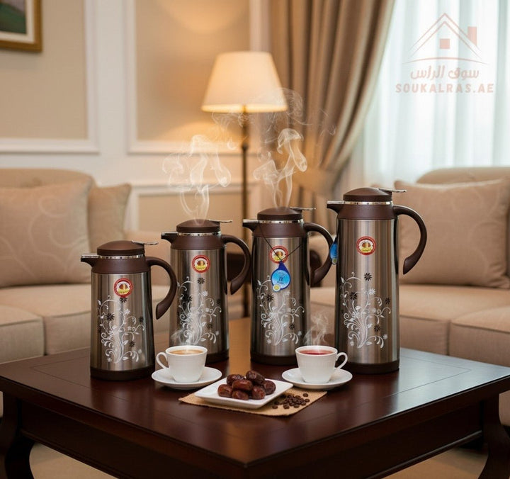 Venice Elegant Stainless Steel Vacuum Flasks Set of 4 Dallah | 1 Year Warranty | ISO Certified | Keeps Heat for 12 Hours | Set of 4 Sizes 1L, 1.3L, 1.6L, 1.9L - Souk Al Ras