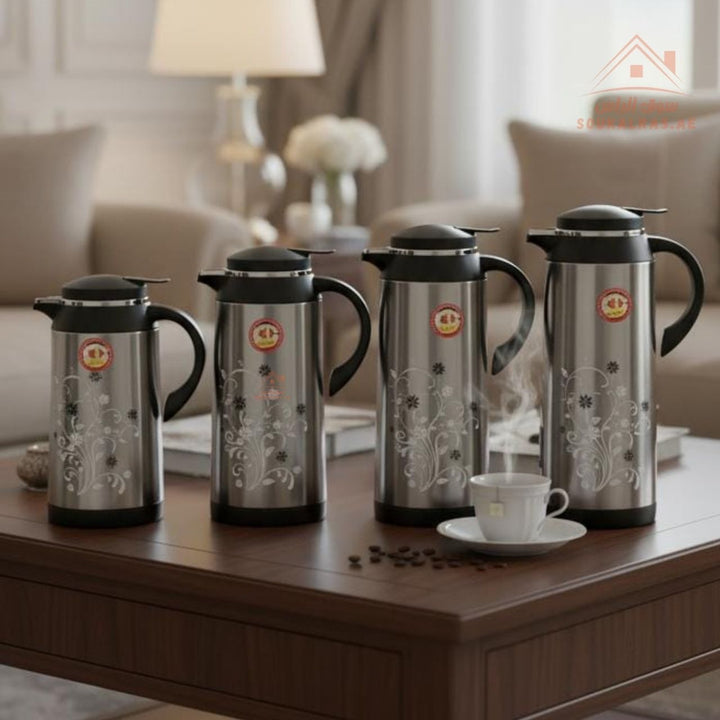 Venice Elegant Stainless Steel Vacuum Flasks Set of 4 Dallah | 1 Year Warranty | ISO Certified | Keeps Heat for 12 Hours | Set of 4 Sizes 1L, 1.3L, 1.6L, 1.9L - Souk Al Ras