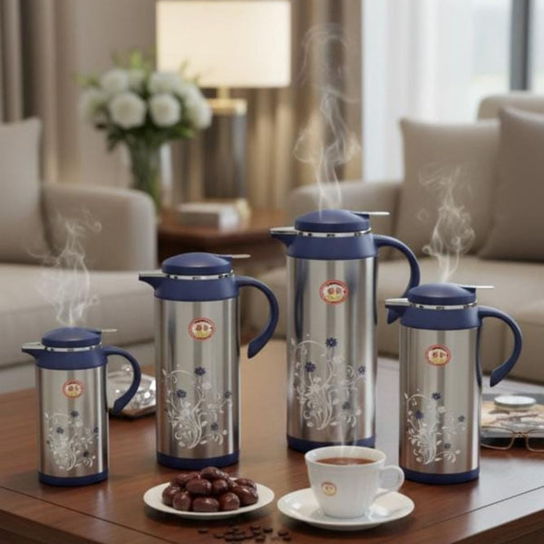 Venice Elegant Stainless Steel Vacuum Flasks Set of 4 Dallah | 1 Year Warranty | ISO Certified | Keeps Heat for 12 Hours | Set of 4 Sizes 1L, 1.3L, 1.6L, 1.9L - Souk Al Ras