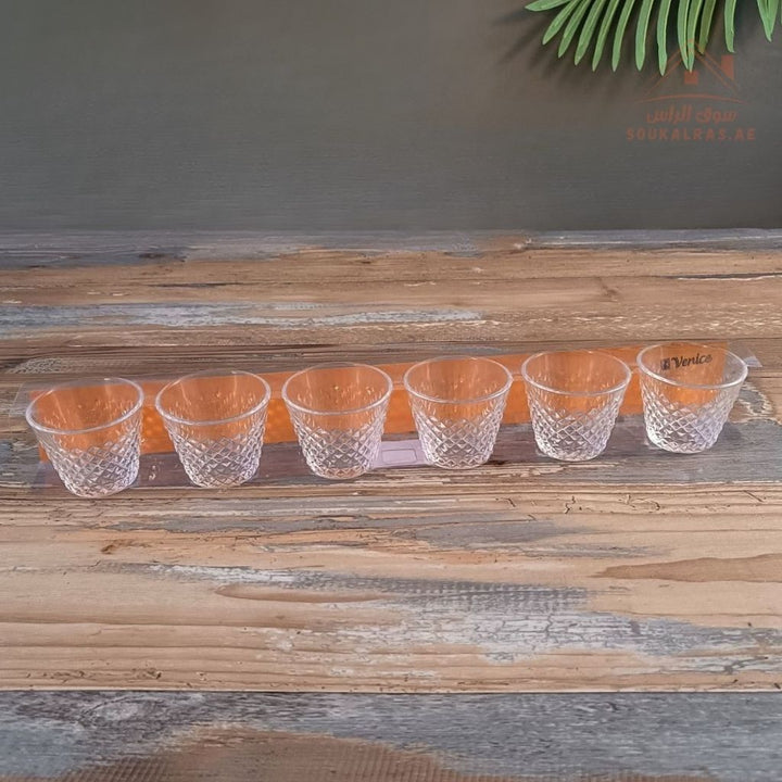 Venice Glass Arabic Coffee Cups Set | 6 - Piece Clear Glass | Elegant Ribbed Design - Souk Al Ras