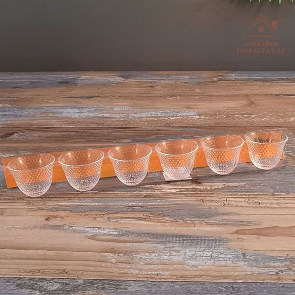Venice Glass Arabic Coffee Cups Set | 6 - Piece Clear Glass | Elegant Textured Design - Souk Al Ras