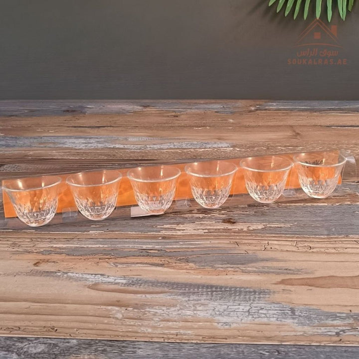 Venice Glass Arabic Coffee Cups Set | 6 - Piece Clear Glass | Elegant Textured Design - Souk Al Ras