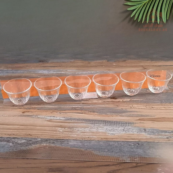 Venice Glass Arabic Coffee Cups Set | 6 - Piece Clear Glass | Elegant Textured Design - Souk Al Ras