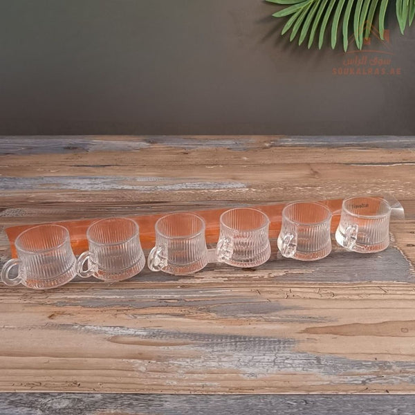Venice Glass Arabic Coffee Cups Set | 6 - Piece Transparent Design | Ribbed Texture - Souk Al Ras