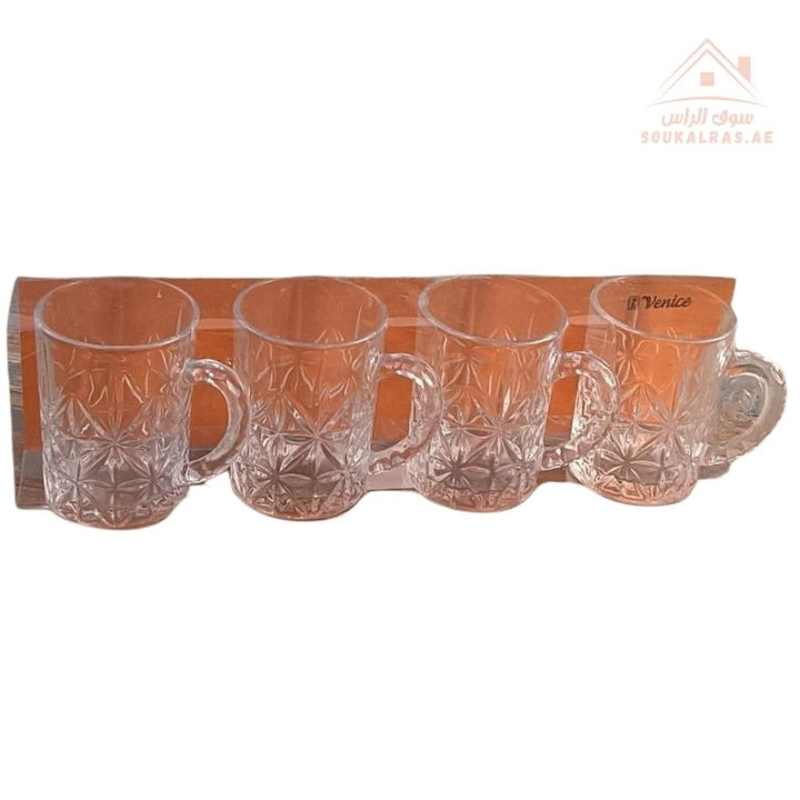 Venice Glass Coffee Cups Set | 4 - Piece Premium Clear Glass | Elegant Diamond Pattern Design - Souk Al Ras