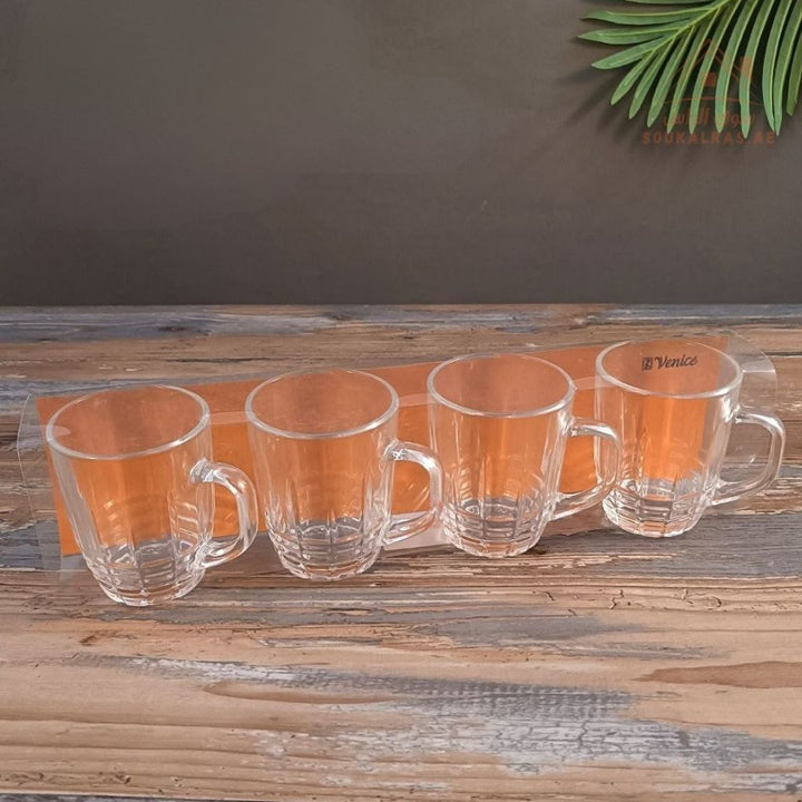 Venice Glass Coffee Cups Set | 4 - Piece Premium Clear Glass | Elegant Diamond Pattern Design - Souk Al Ras