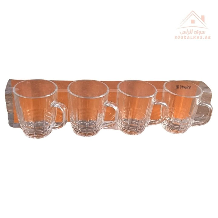 Venice Glass Coffee Cups Set | 4 - Piece Premium Clear Glass | Elegant Diamond Pattern Design - Souk Al Ras