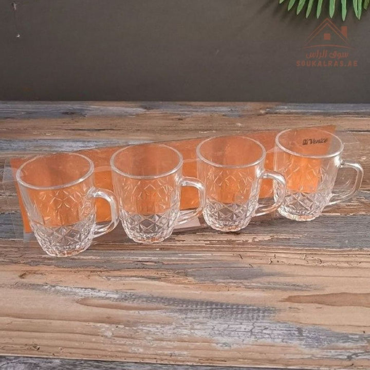 Venice Glass Coffee Cups Set | 4 - Piece Premium Clear Glass | Elegant Diamond Pattern Design - Souk Al Ras