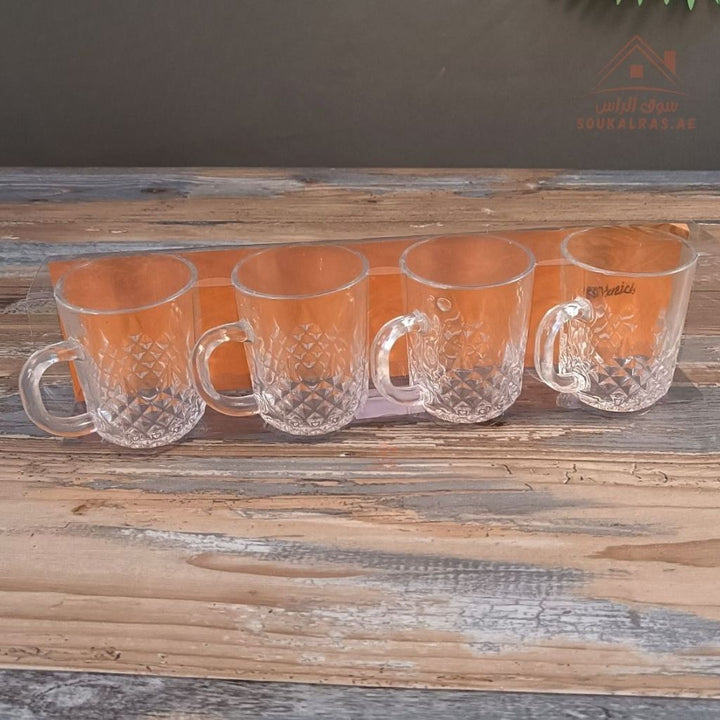 Venice Glass Coffee Cups Set | 4 - Piece Premium Clear Glass | Elegant Diamond Pattern Design - Souk Al Ras