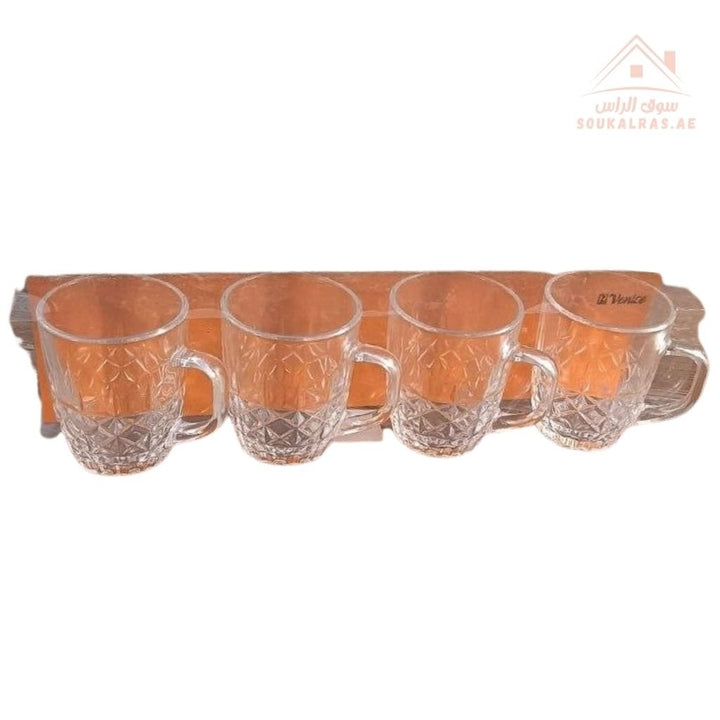 Venice Glass Coffee Cups Set | 4 - Piece Premium Clear Glass | Elegant Diamond Pattern Design - Souk Al Ras