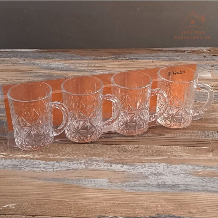 Venice Glass Coffee Cups Set | 4 - Piece Premium Clear Glass | Elegant Diamond Pattern Design - Souk Al Ras