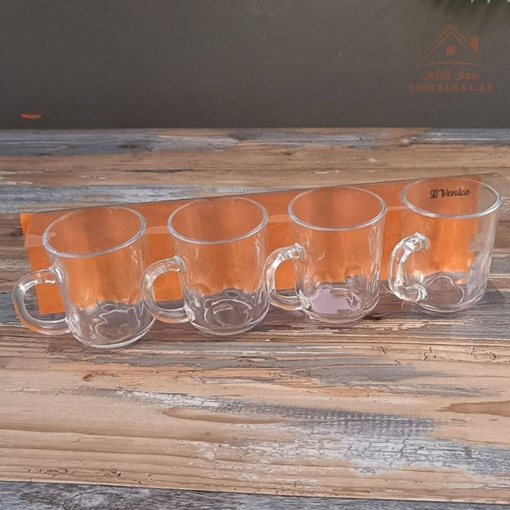 Venice Glass Coffee Cups Set | 4 - Piece Premium Clear Glass | Elegant Diamond Pattern Design - Souk Al Ras