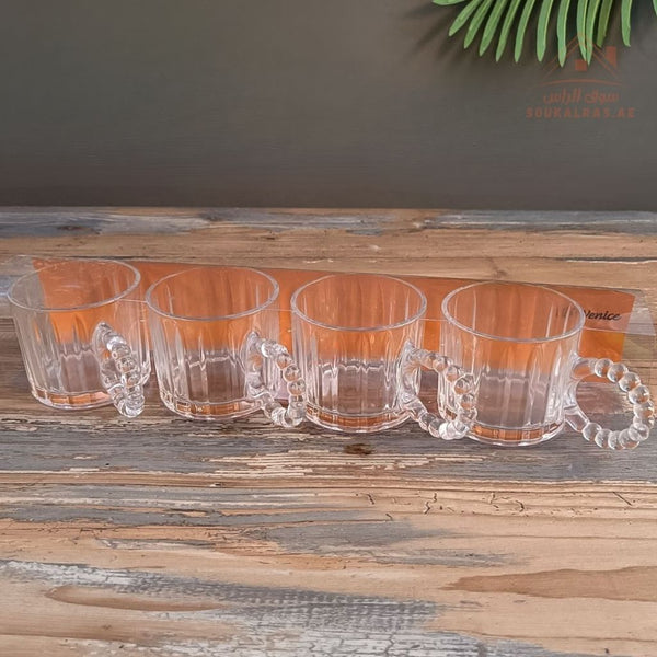 Venice Glass Coffee Cups Set | 4 - Piece Premium Clear Glass | Elegant Diamond Pattern Design - Souk Al Ras