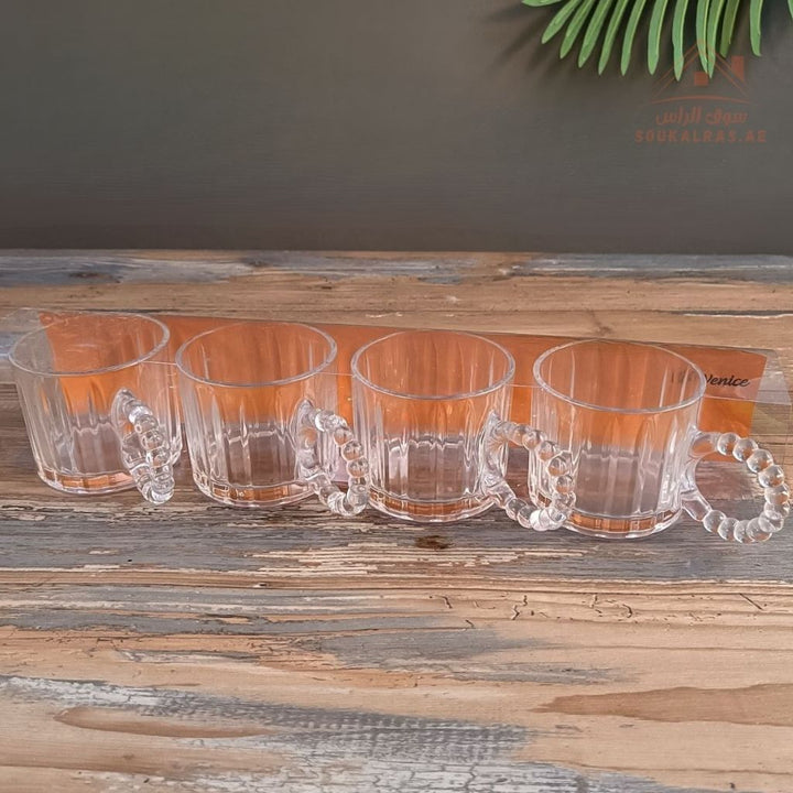 Venice Glass Coffee Cups Set | 4 - Piece Premium Clear Glass | Elegant Diamond Pattern Design - Souk Al Ras
