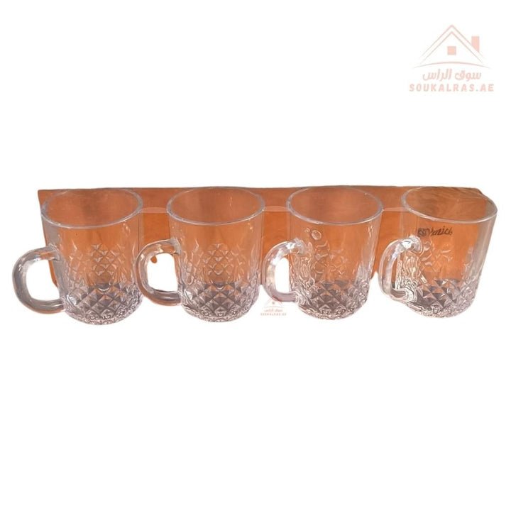 Venice Glass Coffee Cups Set | 4 - Piece Premium Clear Glass | Elegant Diamond Pattern Design - Souk Al Ras